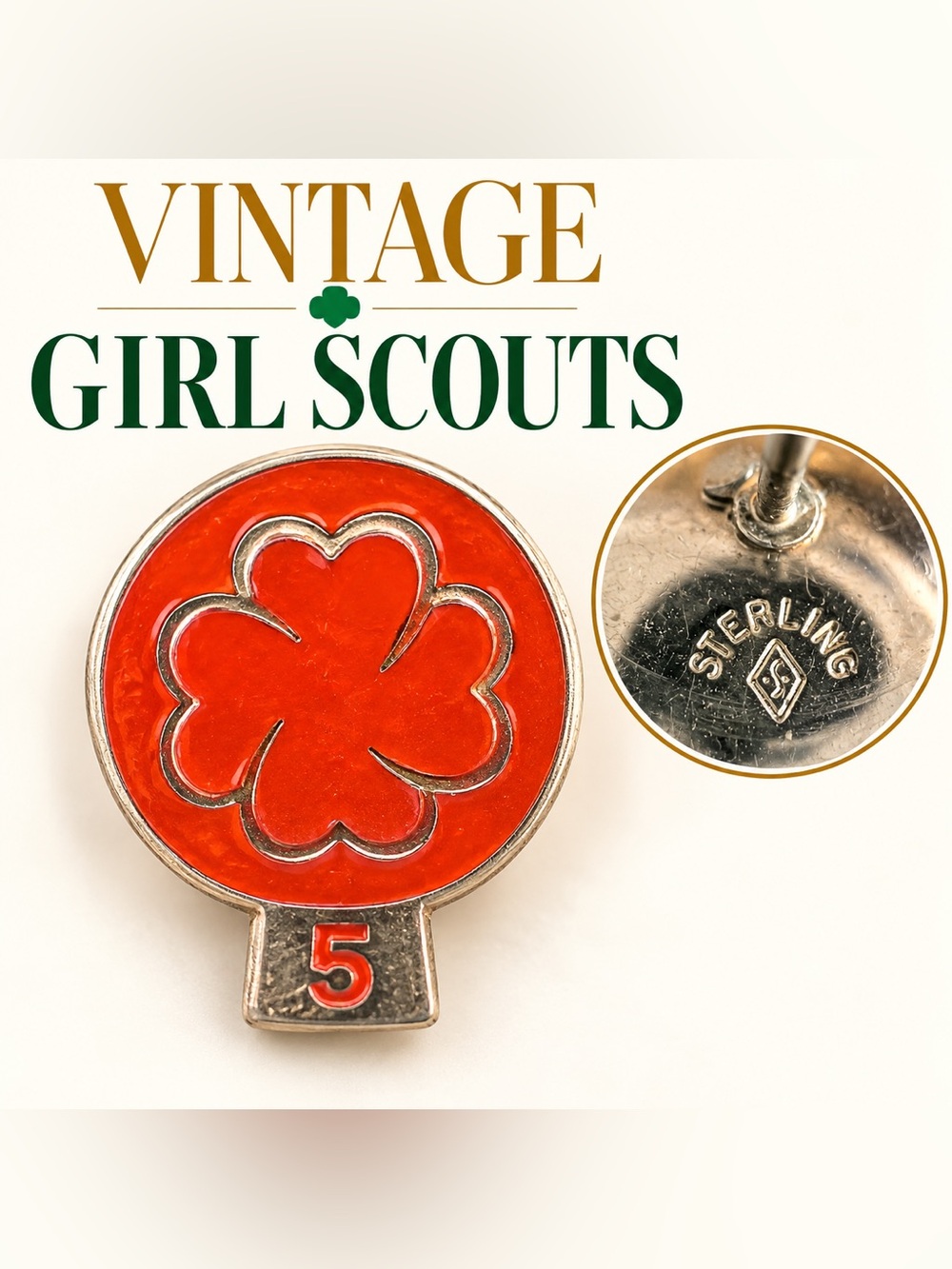 Vintage Girl Scouts 5 Year Sterling Silver Enamel Membership Pin